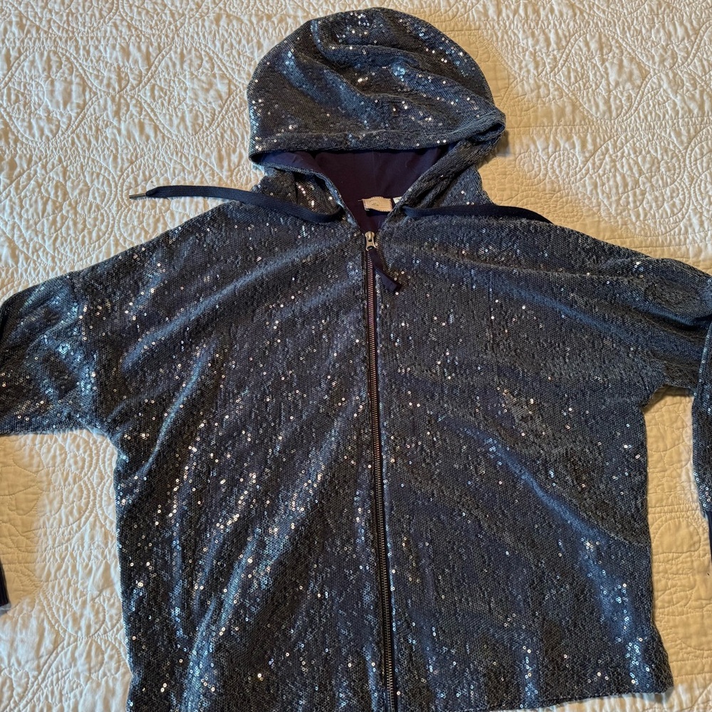 Blue and Silver Zip-Up Jacket with Hood and Relaxed Fit
